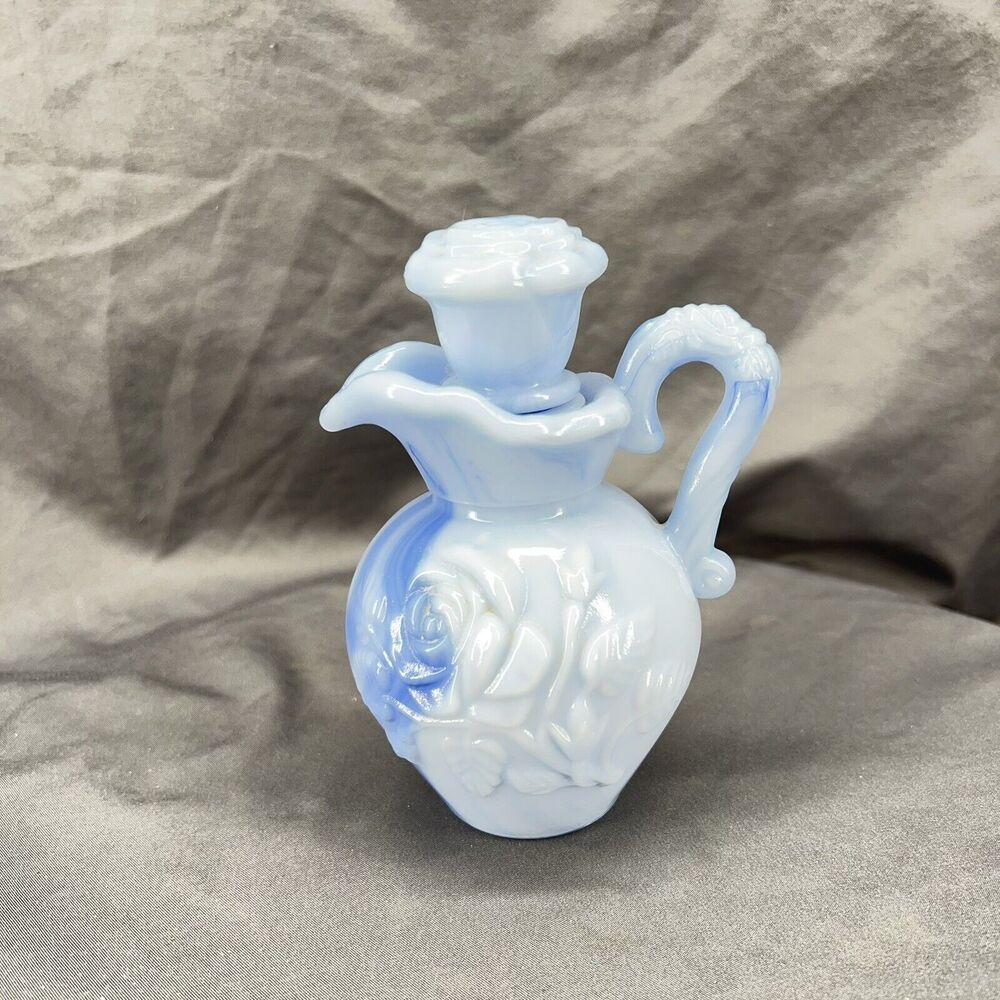 Vintage 1978 Avon Blue Milk Glass Victorian Style Pitcher Perfume Bottle w/Lid